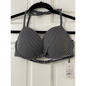 Shade & Shore Twist-Front Bikini Top Black White Stripe Womens 34D Halter NWT